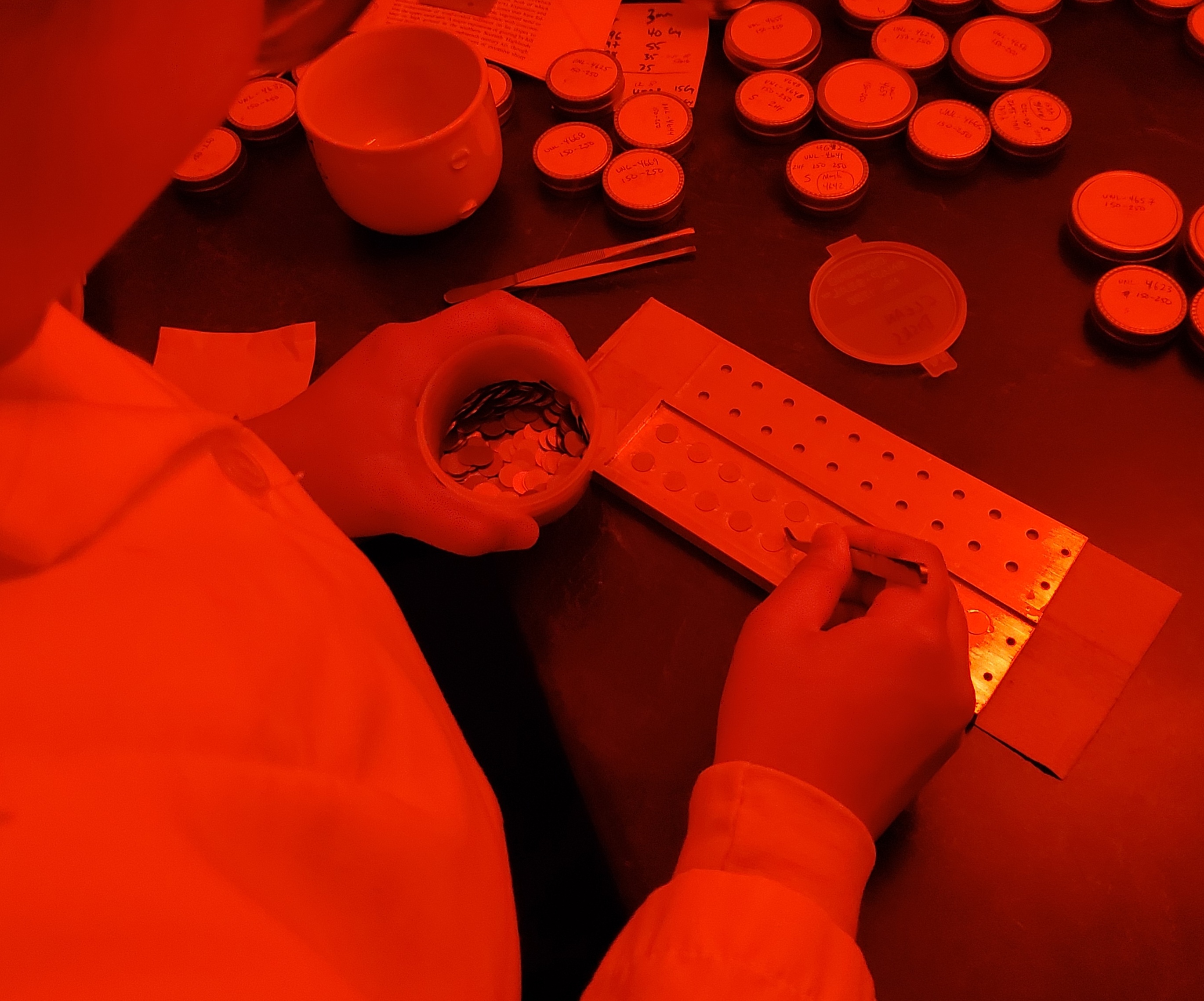 Staff working under red light in lab