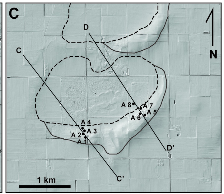 Rainwater Basin near Axtell showing the outline of the basin (dashed line) and the lunette (solid line). Shown are the core locations and the location of topographic profiles C to C1 and D to D1.